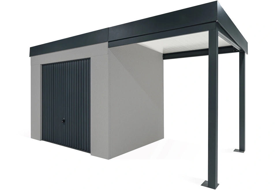 GARDEON® Záhradný domček s bezpečnou garážovou bránou Hörmann a pravým prístreškom