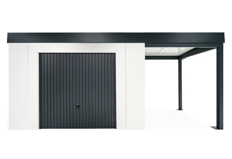 GARDEON® Záhradný domček s bezpečnou garážovou bránou Hörmann a pravým prístreškom