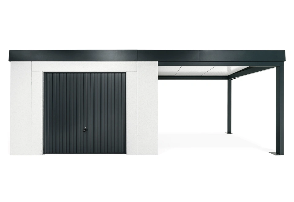 GARDEON® Záhradný domček s bezpečnou garážovou bránou Hörmann a pravým prístreškom