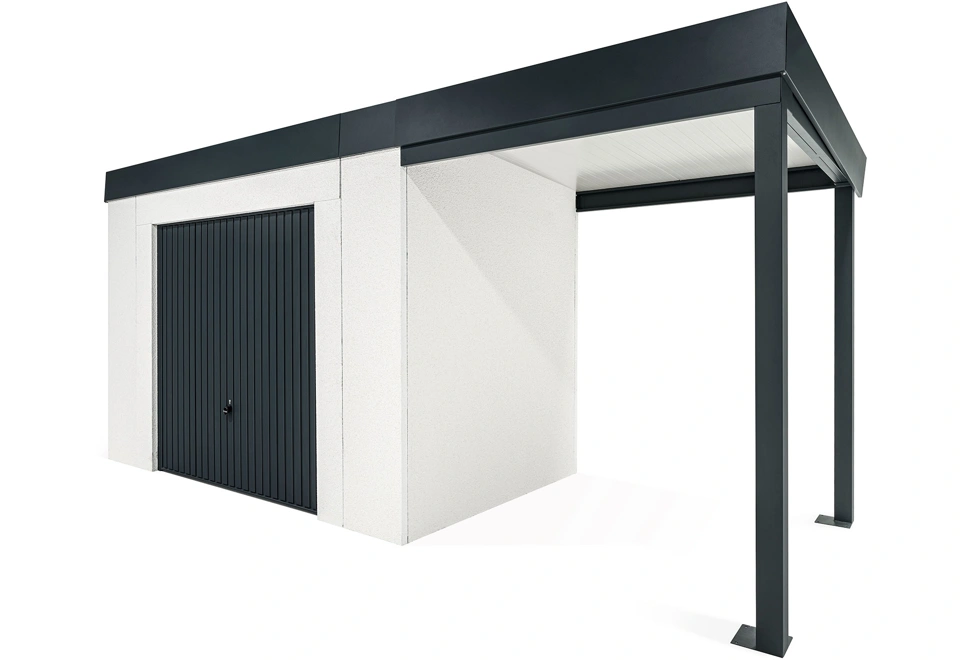 GARDEON® Záhradný domček s bezpečnou garážovou bránou Hörmann a pravým prístreškom