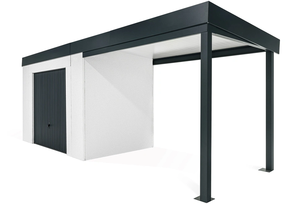 GARDEON® Záhradný domček s bezpečnou garážovou bránou Hörmann a pravým prístreškom