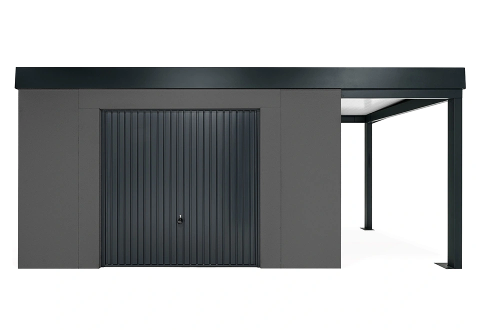 GARDEON® Záhradný domček s bezpečnou garážovou bránou Hörmann a pravým prístreškom