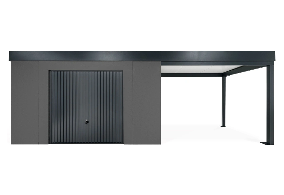 GARDEON® Záhradný domček s bezpečnou garážovou bránou Hörmann a pravým prístreškom