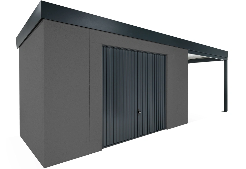 GARDEON® Záhradný domček s bezpečnou garážovou bránou Hörmann a pravým prístreškom