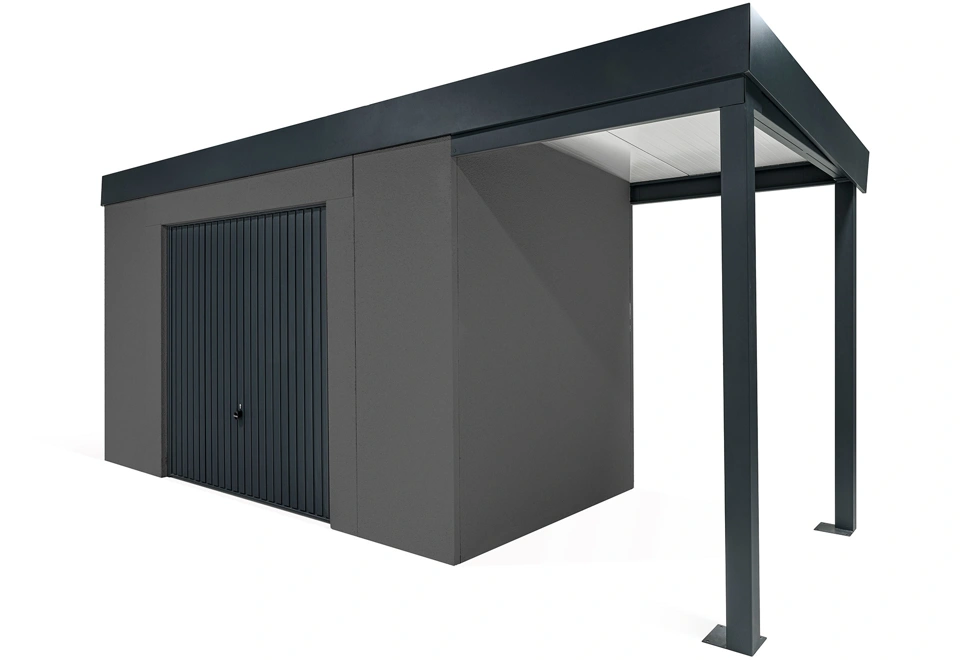 GARDEON® Záhradný domček s bezpečnou garážovou bránou Hörmann a pravým prístreškom