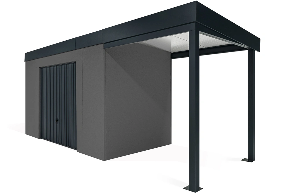 GARDEON® Záhradný domček s bezpečnou garážovou bránou Hörmann a pravým prístreškom