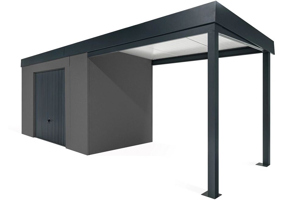 GARDEON® Záhradný domček s bezpečnou garážovou bránou Hörmann a pravým prístreškom