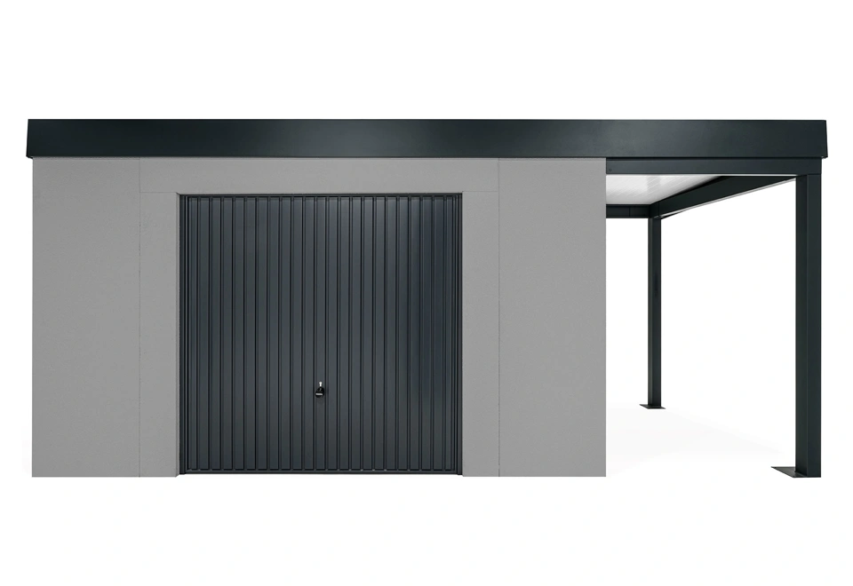 GARDEON® Záhradný domček s bezpečnou garážovou bránou Hörmann a pravým prístreškom