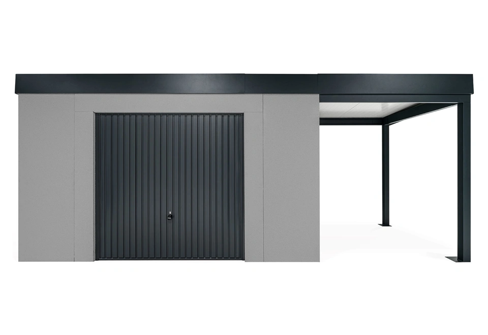 GARDEON® Záhradný domček s bezpečnou garážovou bránou Hörmann a pravým prístreškom