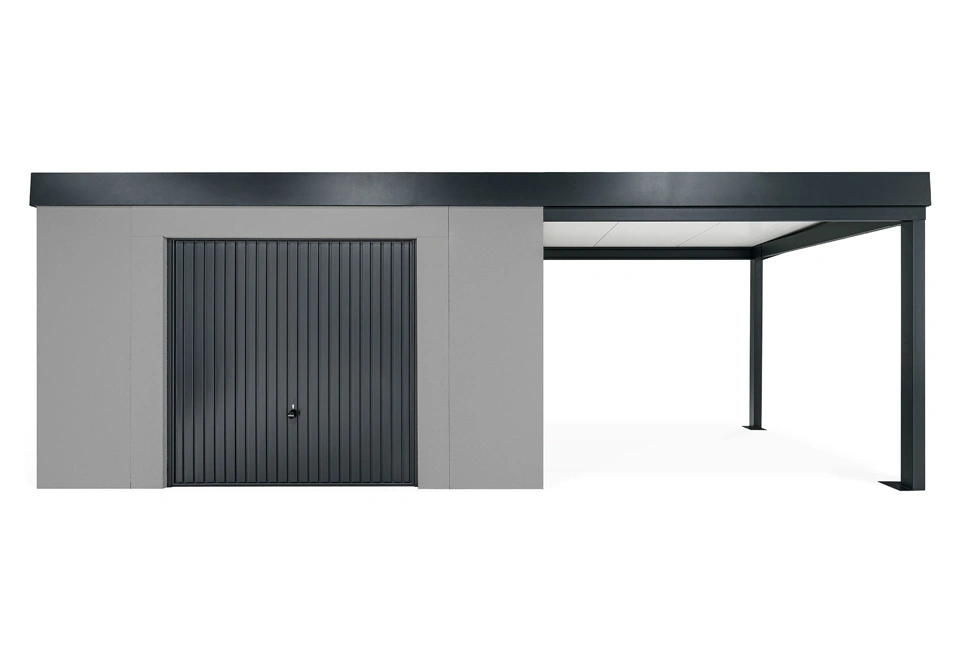 GARDEON® Záhradný domček s bezpečnou garážovou bránou Hörmann a pravým prístreškom