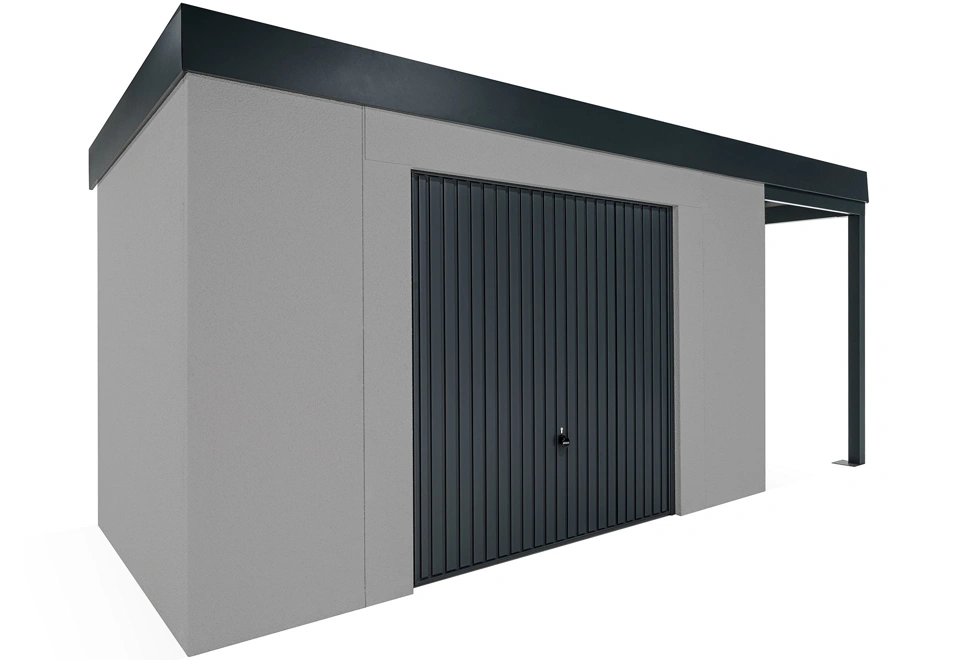 GARDEON® Záhradný domček s bezpečnou garážovou bránou Hörmann a pravým prístreškom
