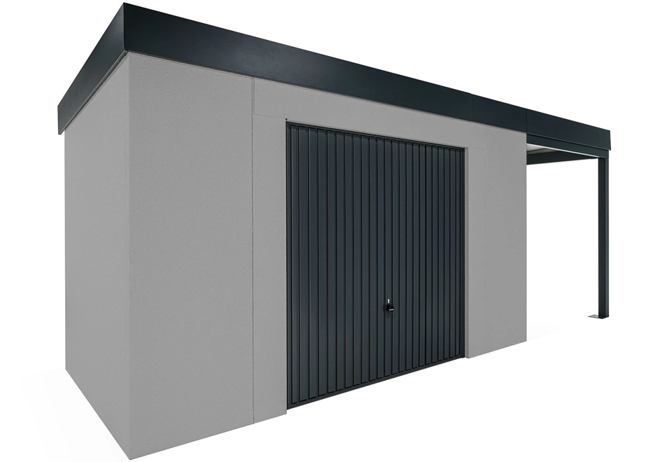 GARDEON® Záhradný domček s bezpečnou garážovou bránou Hörmann a pravým prístreškom