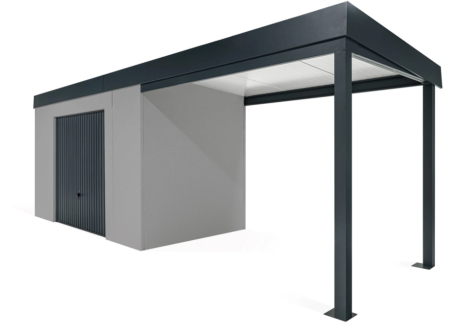 GARDEON® Záhradný domček s bezpečnou garážovou bránou Hörmann a pravým prístreškom