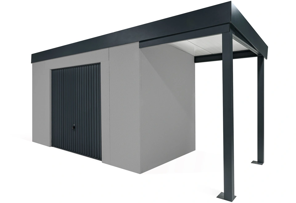 GARDEON® Záhradný domček s bezpečnou garážovou bránou Hörmann a pravým prístreškom