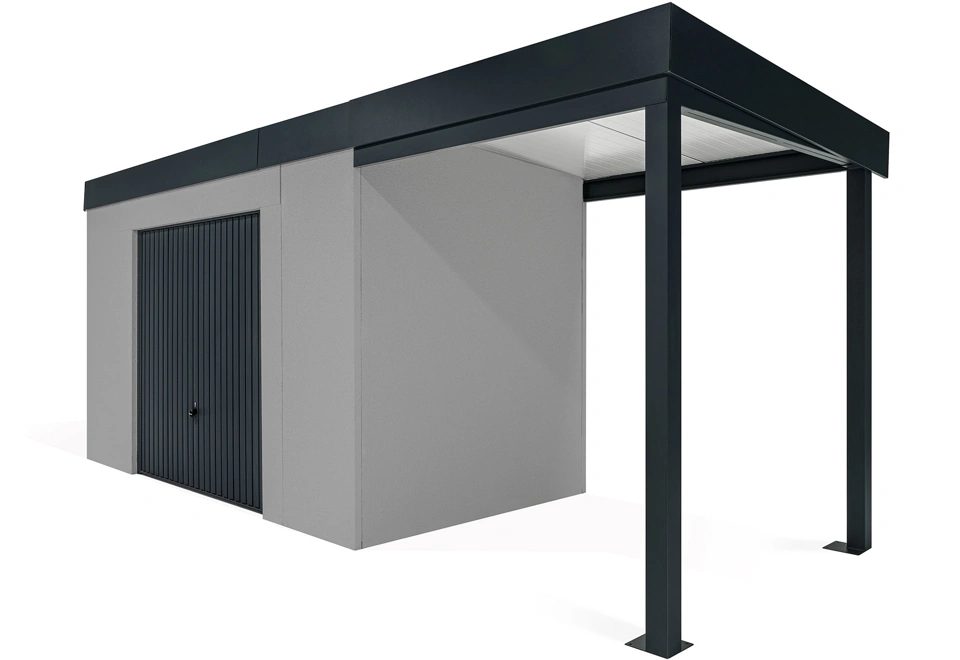 GARDEON® Záhradný domček s bezpečnou garážovou bránou Hörmann a pravým prístreškom