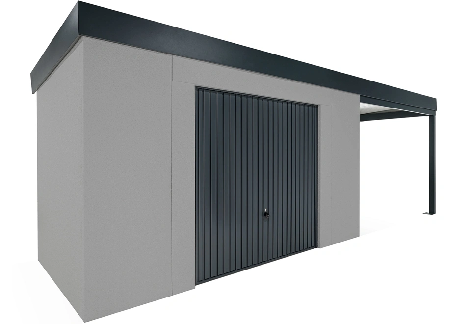 GARDEON® Záhradný domček s bezpečnou garážovou bránou Hörmann a pravým prístreškom