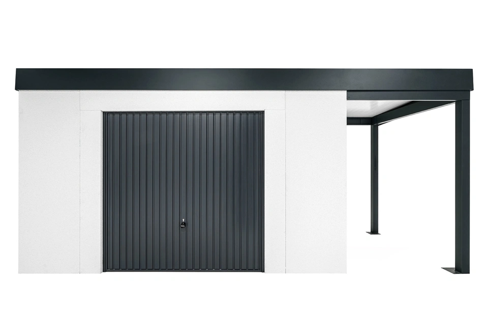 GARDEON® Záhradný domček s bezpečnou garážovou bránou Hörmann a pravým prístreškom