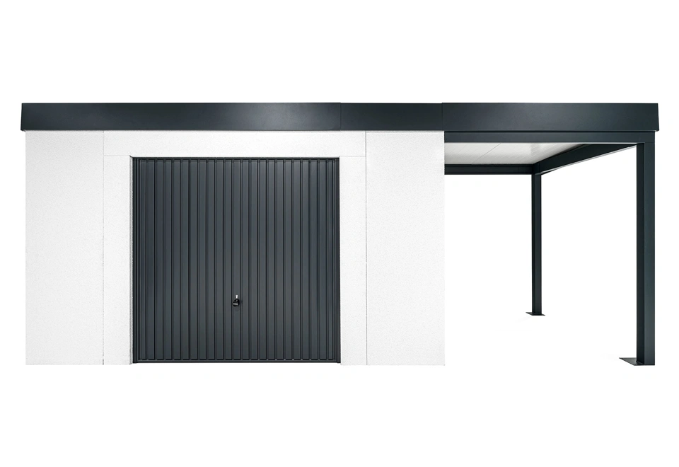 GARDEON® Záhradný domček s bezpečnou garážovou bránou Hörmann a pravým prístreškom