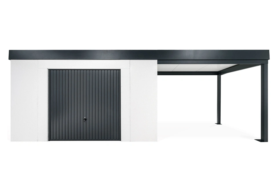 GARDEON® Záhradný domček s bezpečnou garážovou bránou Hörmann a pravým prístreškom