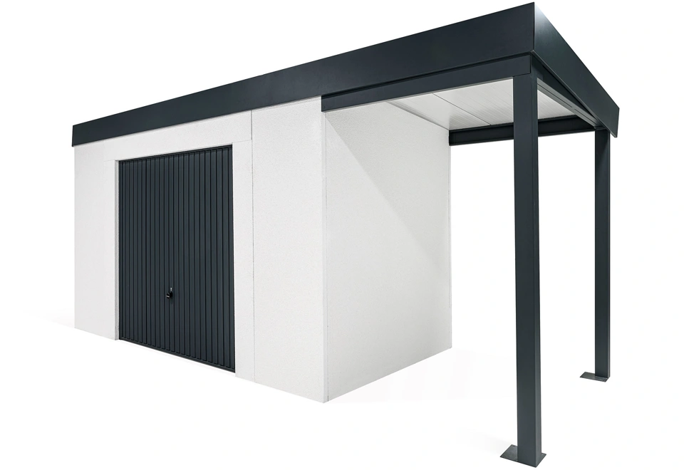 GARDEON® Záhradný domček s bezpečnou garážovou bránou Hörmann a pravým prístreškom