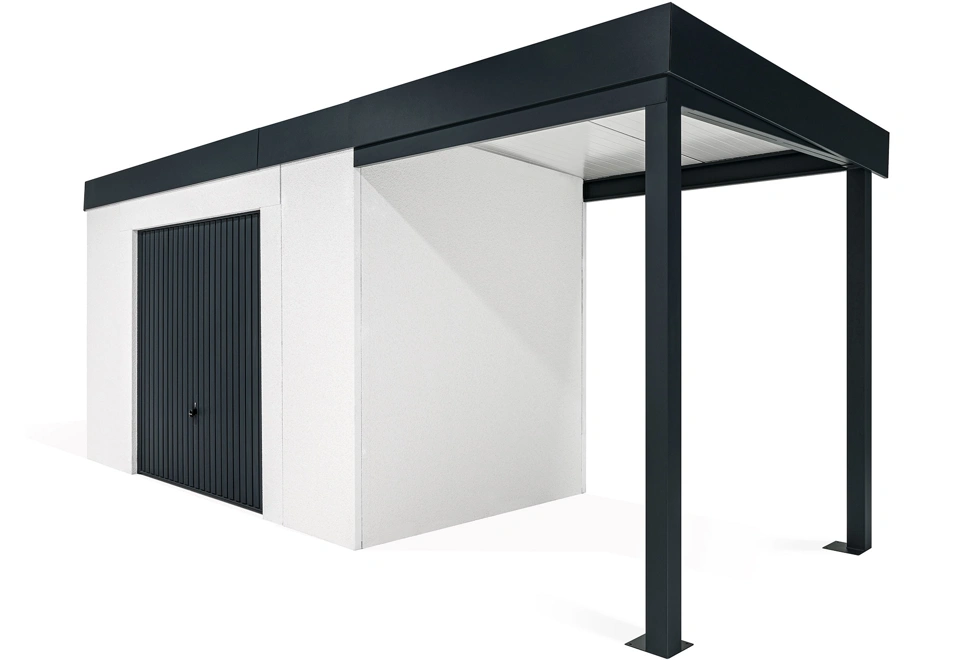 GARDEON® Záhradný domček s bezpečnou garážovou bránou Hörmann a pravým prístreškom
