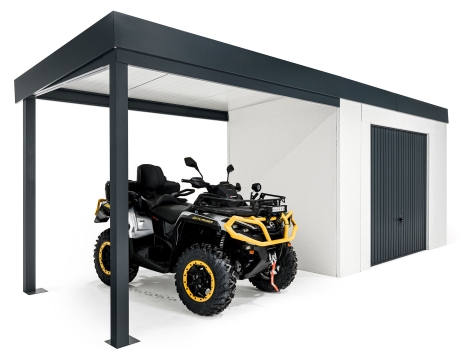 GARDEON® Záhradný domček s bezpečnou garážovou bránou Hörmann a prístreškom