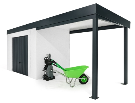 GARDEON® Záhradný domček s bezpečnou garážovou bránou Hörmann a prístreškom