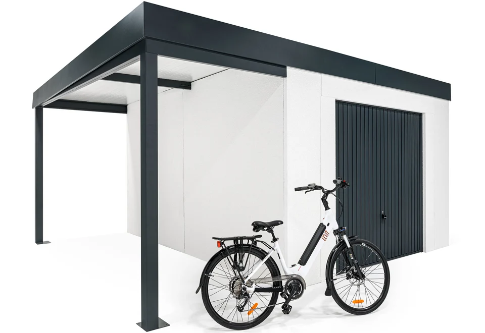 GARDEON® Záhradný domček s bezpečnou garážovou bránou Hörmann a prístreškom