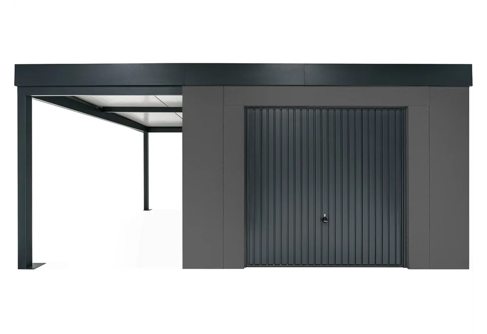 GARDEON® Záhradný domček s bezpečnou garážovou bránou Hörmann a prístreškom