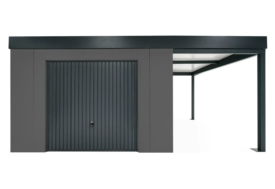 GARDEON® Záhradný domček s bezpečnou garážovou bránou Hörmann a prístreškom