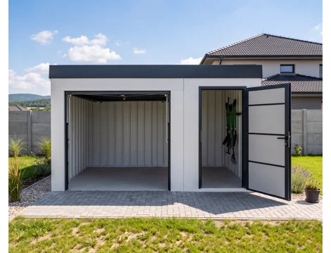 GARDEON® Záhradný domček s dverami a bezpečnou garážovou bránou Hörmann