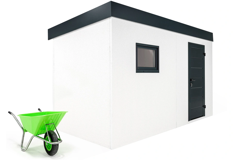 Záhradný fúrik z bočnej strany domčeka 4 x 2 m s oknom, dverami, bielou omietkou a antracitovými doplnkami