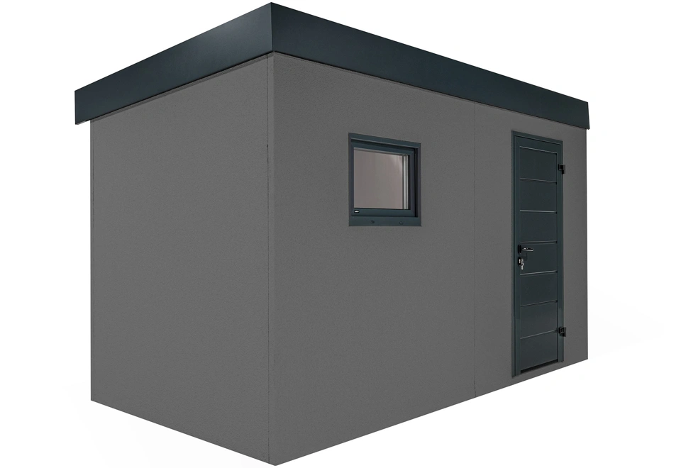 Okno záhradného domčeka 4 x 2 m s dverami, antracitovou omietkou a antracitovými doplnkami