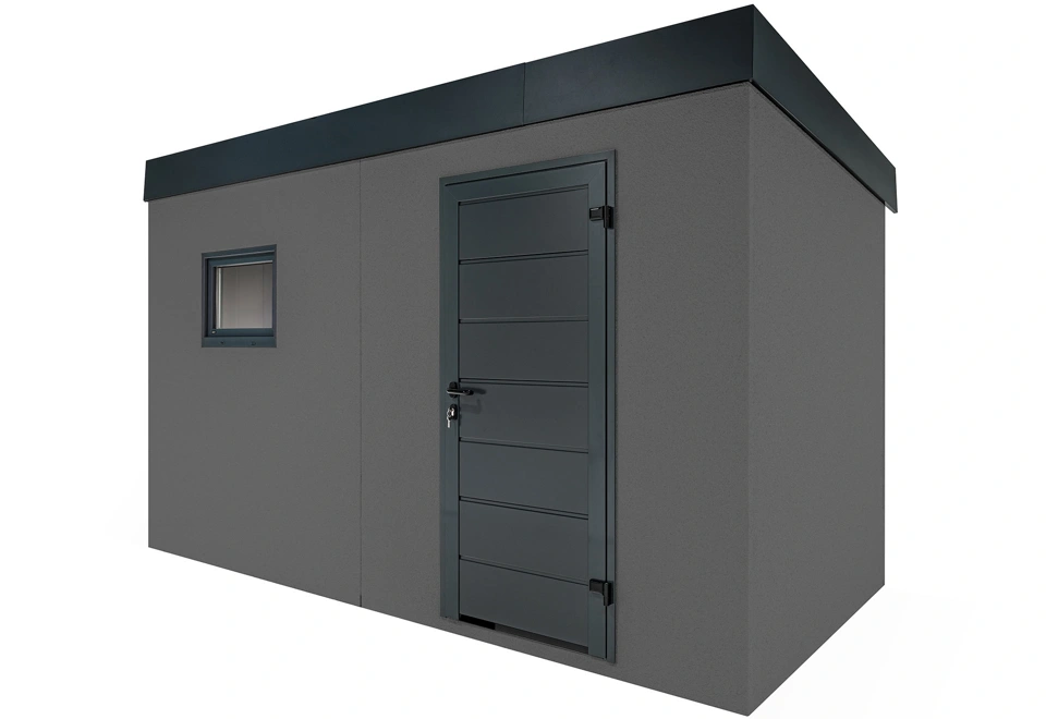Jednokrídlové dvere záhradného domčeka 4 x 2 m s oknom, antracitovou omietkou a antracitovými doplnkami