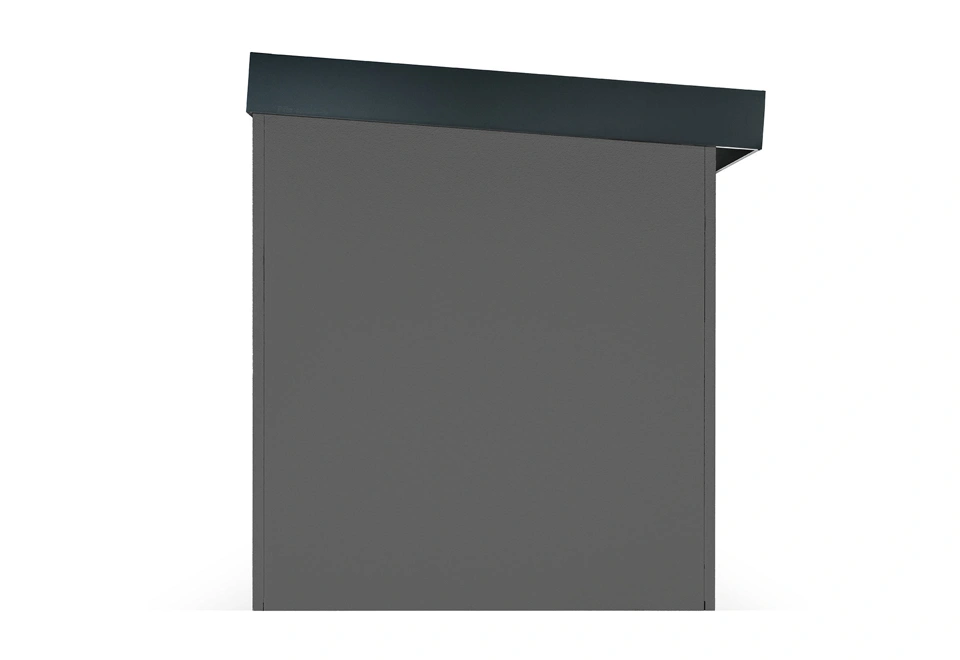 Pravá stena záhradného domčeka 4 x 2 m s antracitovou omietkou, dverami, oknom a antracitovými doplnkami