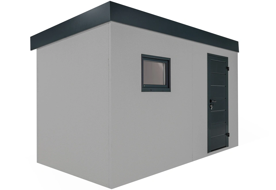 Okno záhradného domčeka 4 x 2 m s dverami, svetlosivou omietkou a antracitovými doplnkami