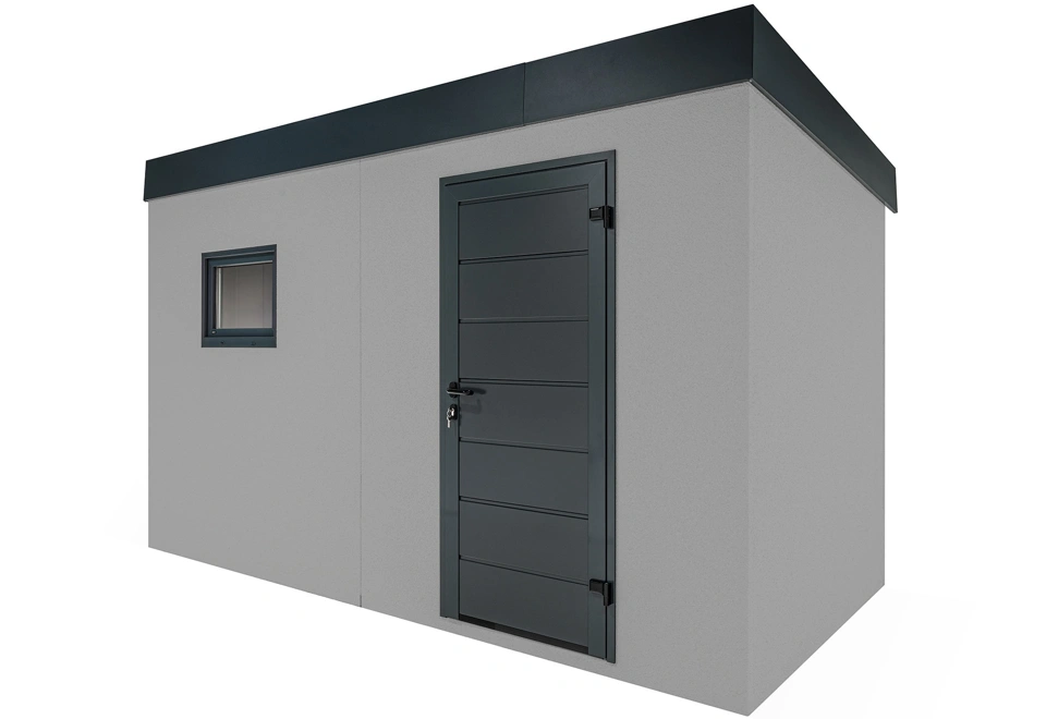 Jednokrídlové dvere záhradného domčeka 4 x 2 m s oknom, svetlosivou omietkou a antracitovými doplnkami