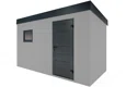Jednokrídlové dvere záhradného domčeka 4 x 2 m s oknom, svetlosivou omietkou a antracitovými doplnkami
