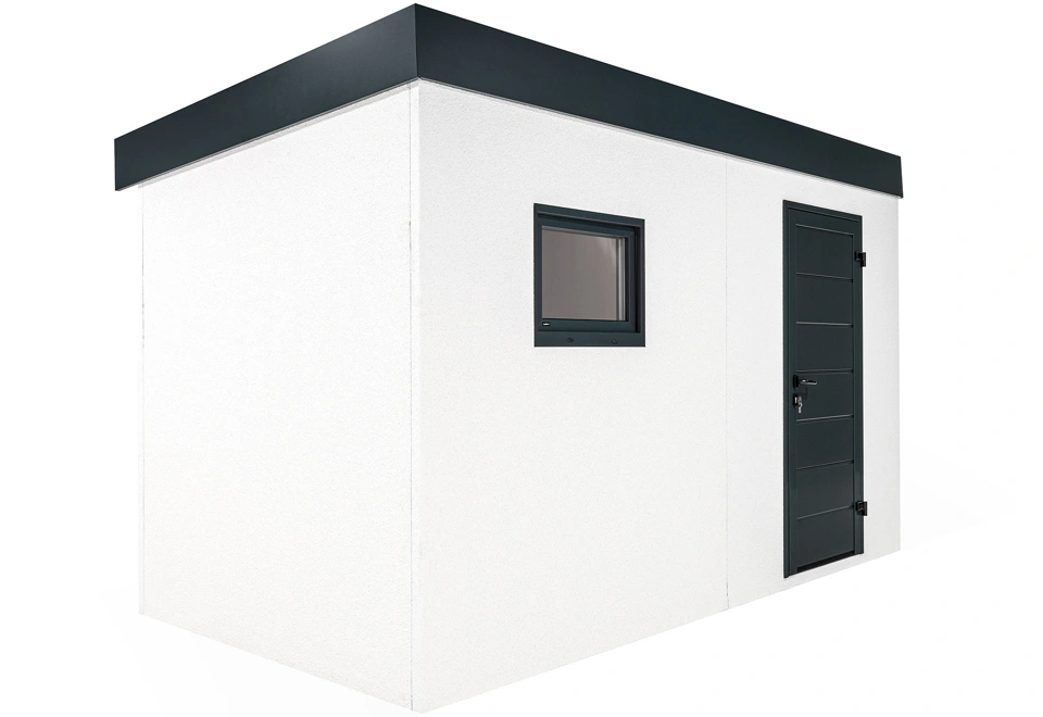 Okno záhradného domčeka 4 x 2 m s dverami, bielou omietkou a antracitovými doplnkami