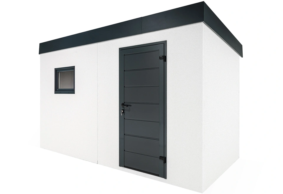 Jednokrídlové dvere záhradného domčeka 4 x 2 m s oknom, bielou omietkou a antracitovými doplnkami