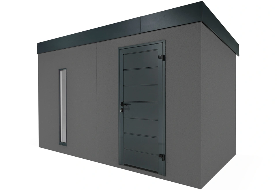 Jednokrídlové dvere záhradného domčeka s antracitovou omietkou 4 x 2 m so svetlíkom