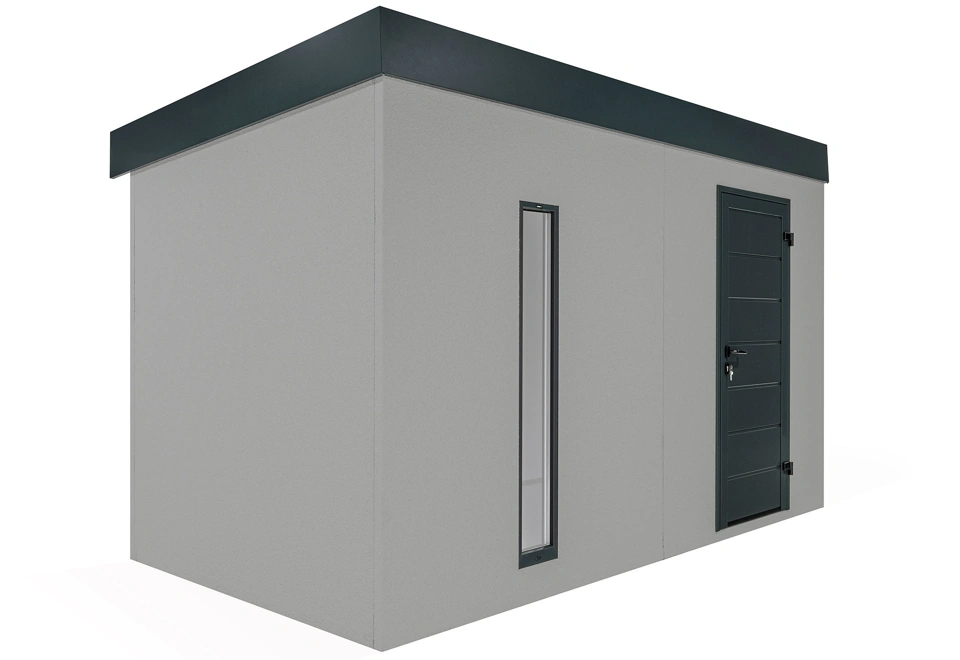 Svetlík záhradného domčeka so svetlosivou omietkou 4 x 2 m