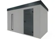 Jednokrídlové dvere záhradného domčeka so svetlosivou omietkou 4 x 2 m so svetlíkom