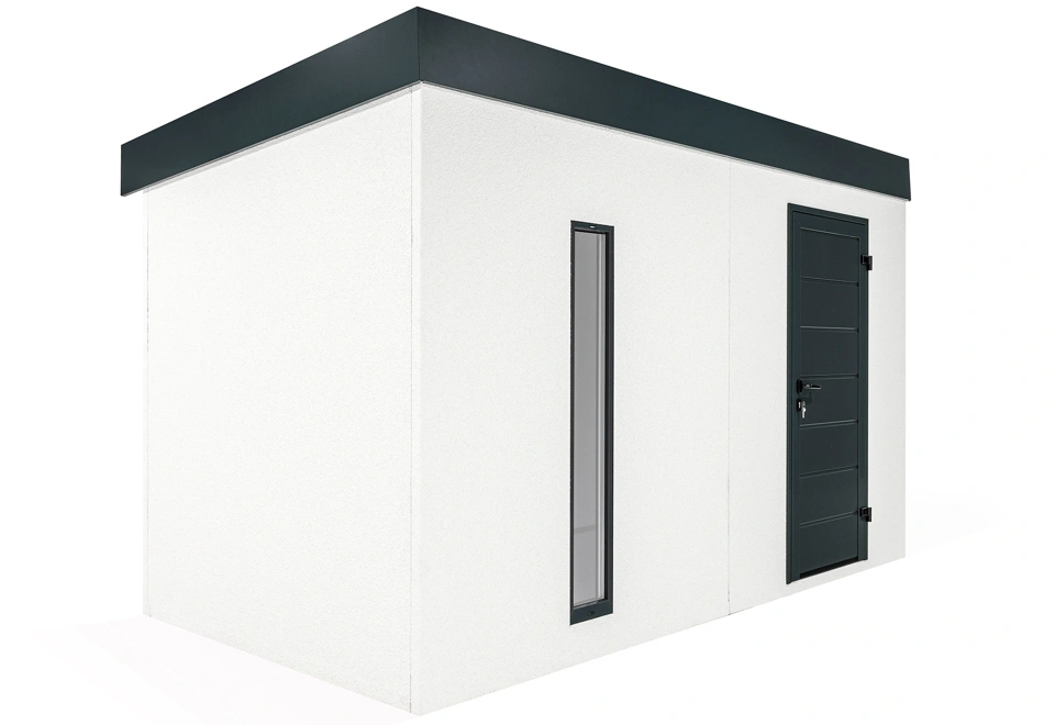 Svetlík záhradného domčeka s bielou omietkou 4 x 2 m