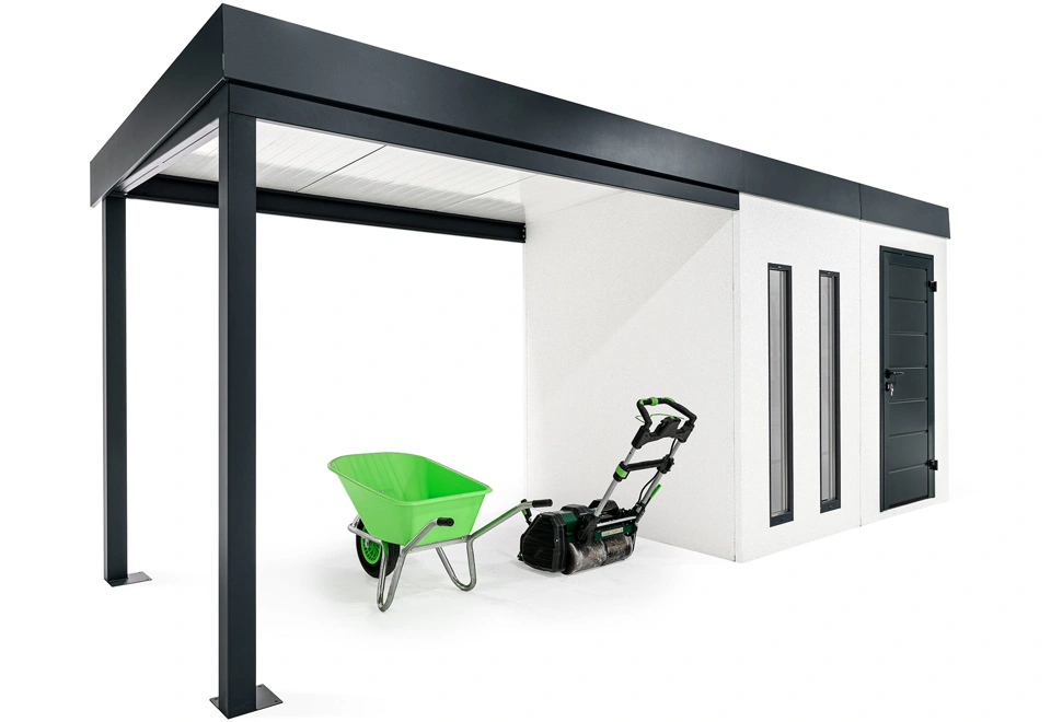 GARDEON® Záhradný domček s dverami Hörmann, dvomi svetlíkmi a ľavým prístreškom
