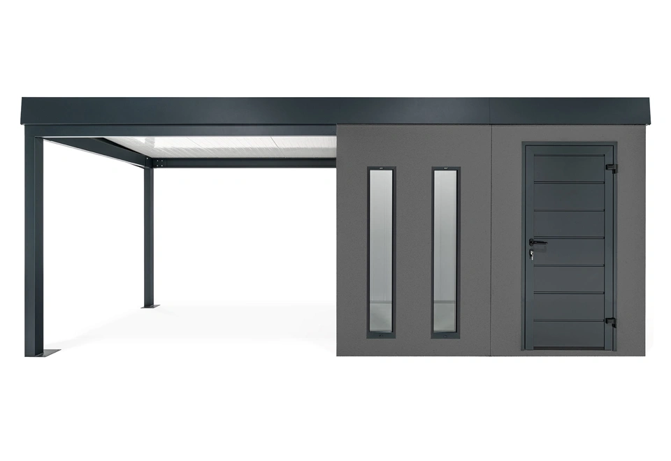 GARDEON® Záhradný domček s dverami Hörmann, dvomi svetlíkmi a ľavým prístreškom