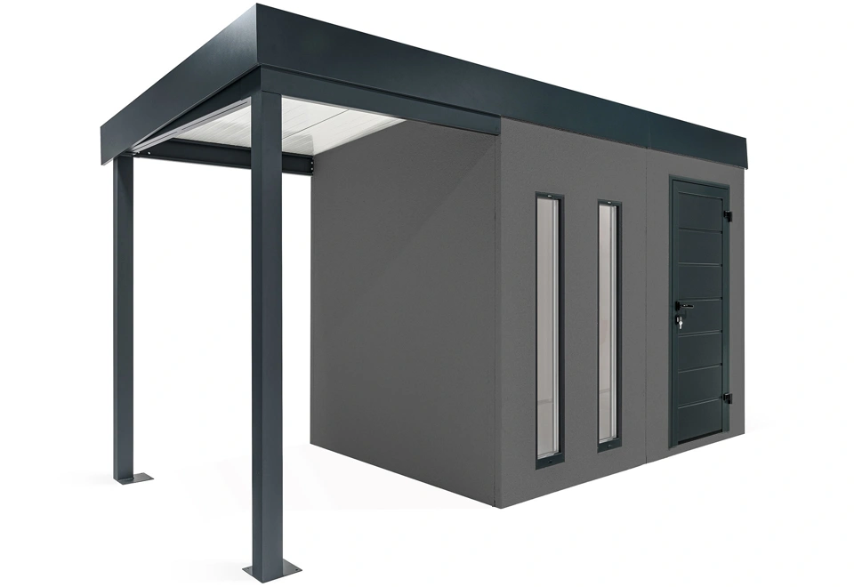 GARDEON® Záhradný domček s dverami Hörmann, dvomi svetlíkmi a ľavým prístreškom