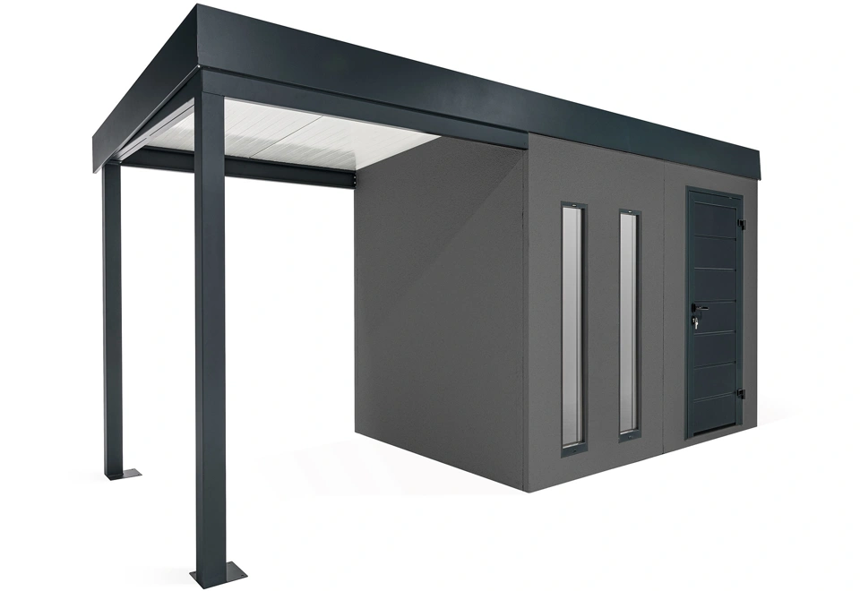 GARDEON® Záhradný domček s dverami Hörmann, dvomi svetlíkmi a ľavým prístreškom