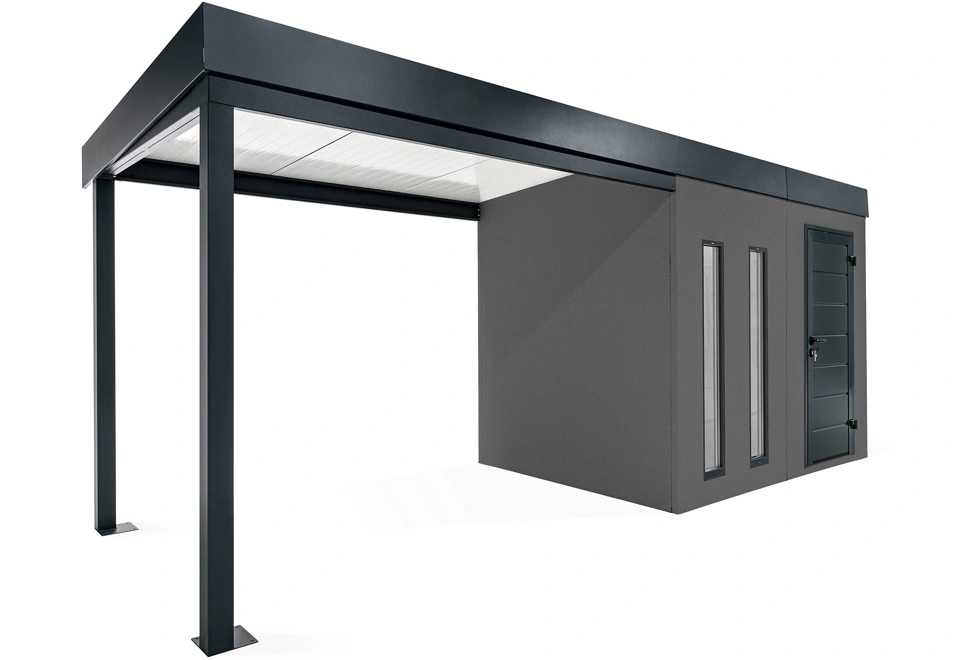 GARDEON® Záhradný domček s dverami Hörmann, dvomi svetlíkmi a ľavým prístreškom