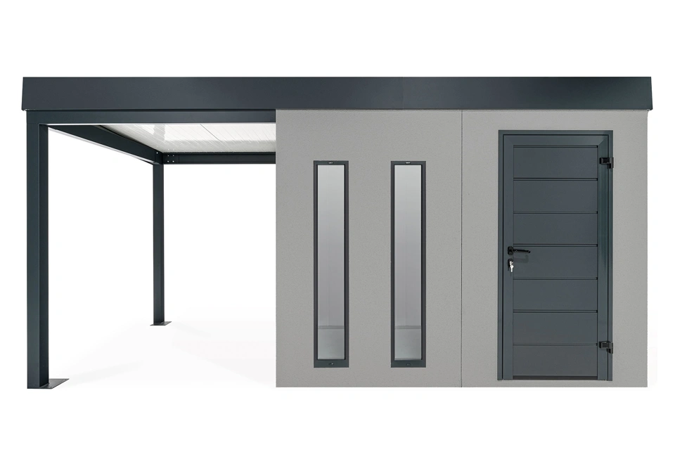 GARDEON® Záhradný domček s dverami Hörmann, dvomi svetlíkmi a ľavým prístreškom